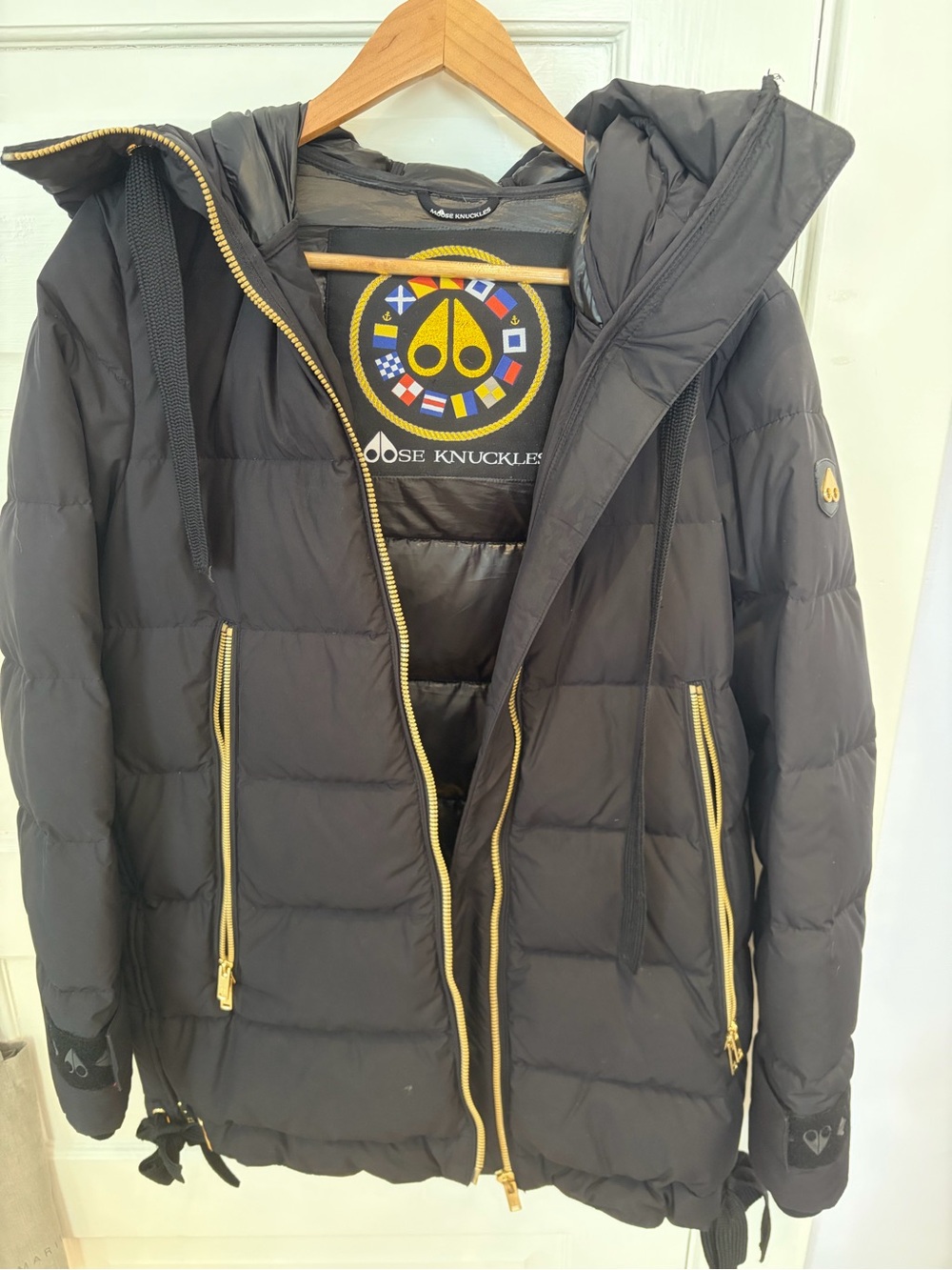 Moose Knuckles Black Puffer Jacket with Yellow Logo Patch